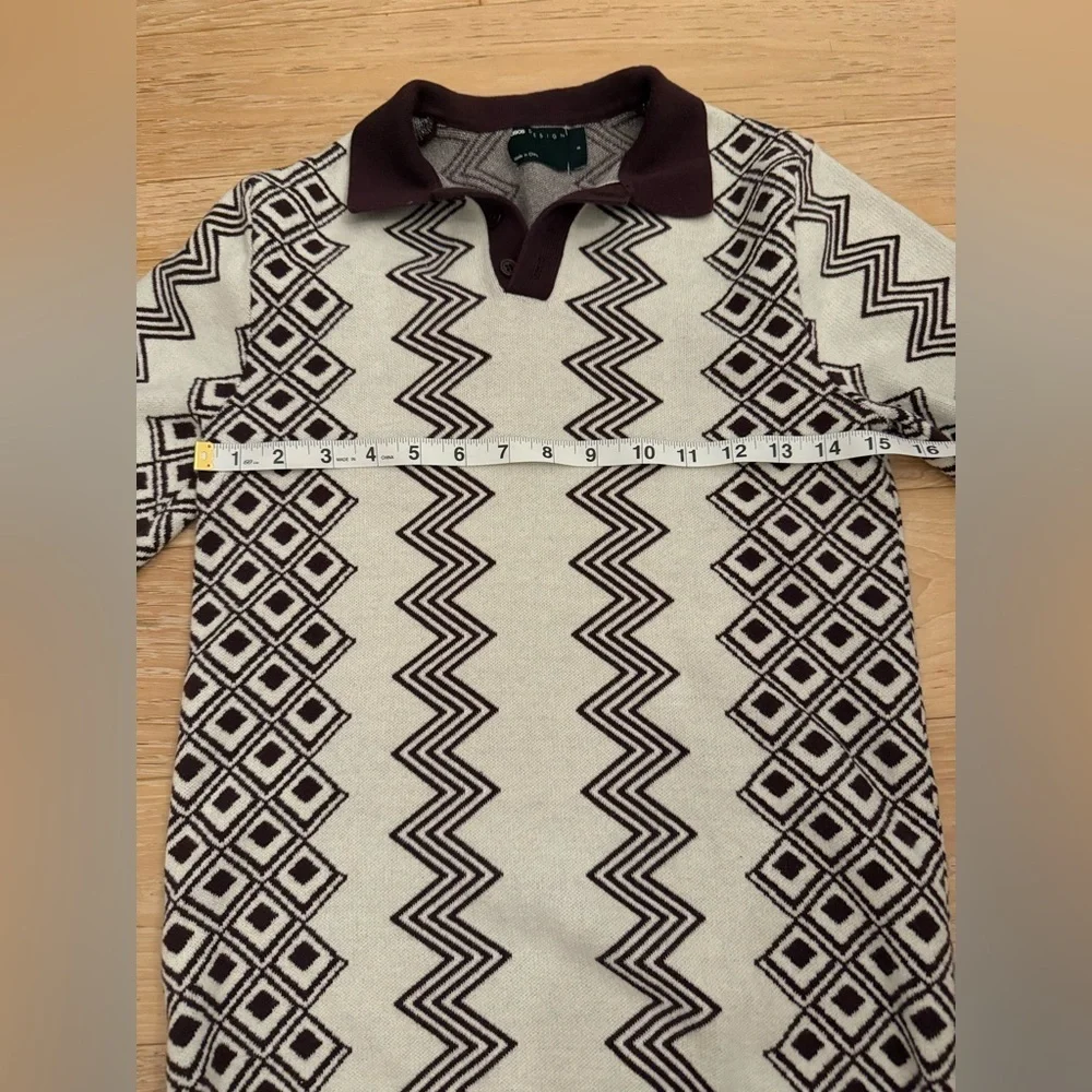 ASOS men’s short sleeve sweater maroon cream geometric zigzag print 70s size S‎